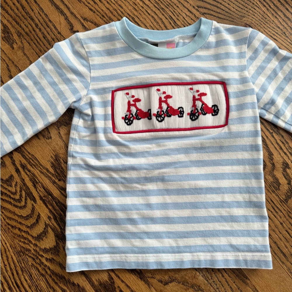 Blue Striped Kids Shirt with Bicycle Design